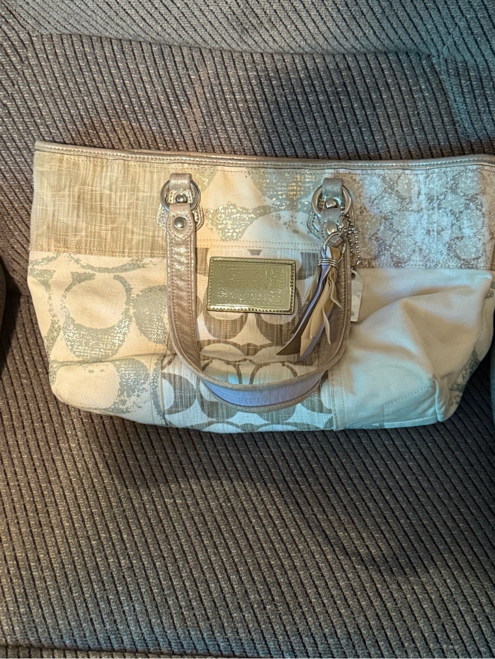 Coach Beige and Silver Signature Shoulder Tote
